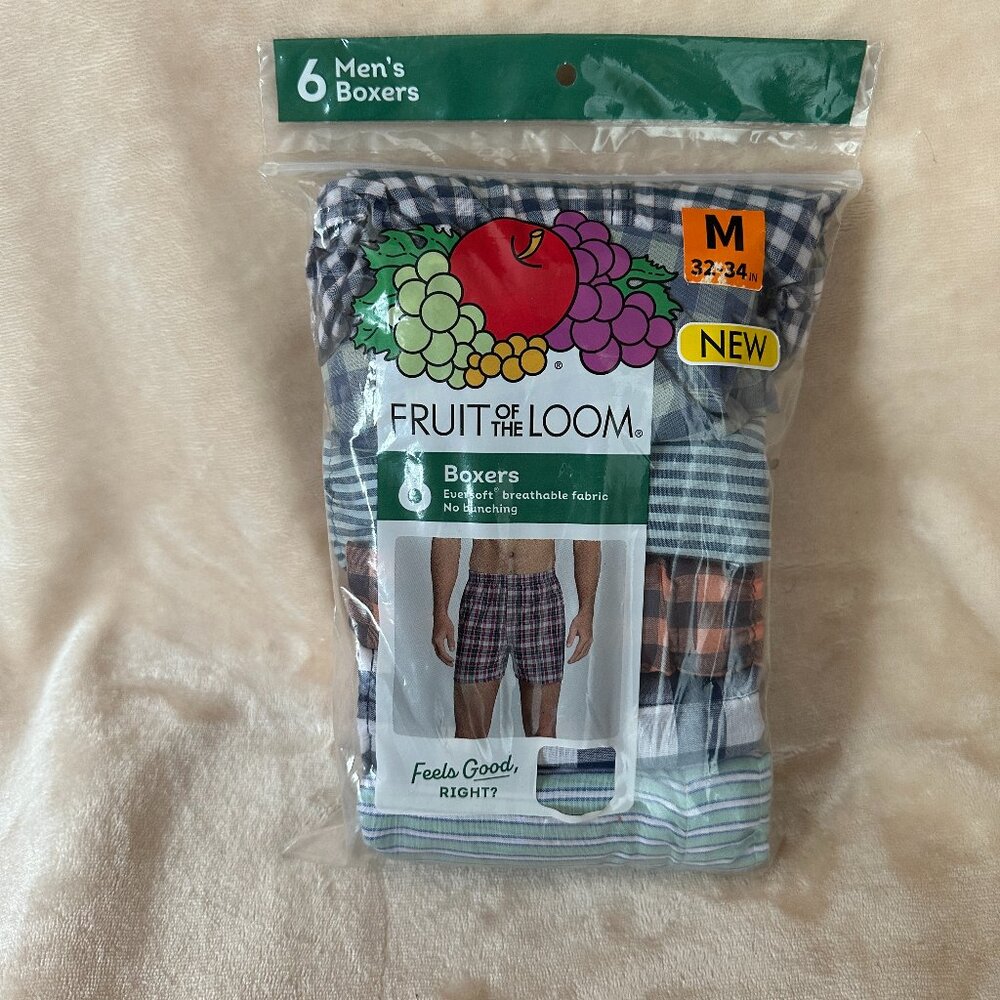 Fruit of the Loom 6 PK Tagless Cotton Blend Breathable Boxers M 32-34 No Bunch